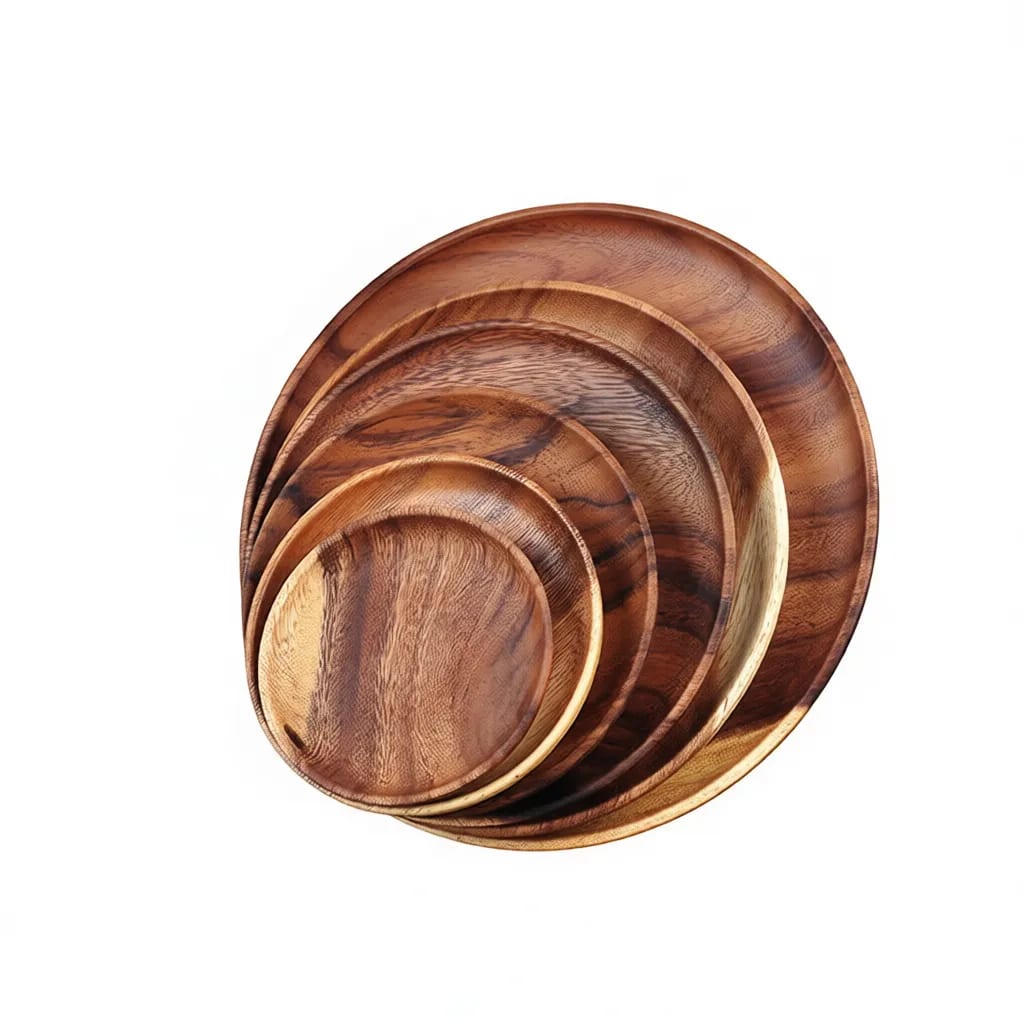 24cm Elegant Solid Acacia Wood Round Dinner Serving Platter
