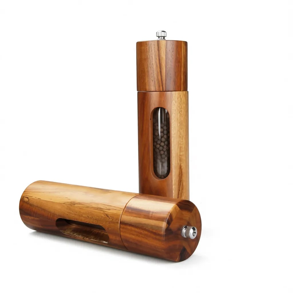 8 Inch Acacia Wood Salt Pepper Grinder With Visible Window