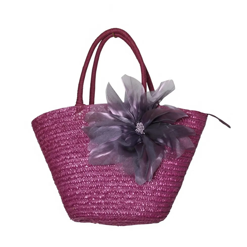 Artisan Woven Straw Tote Bag Large Floral Embellishment