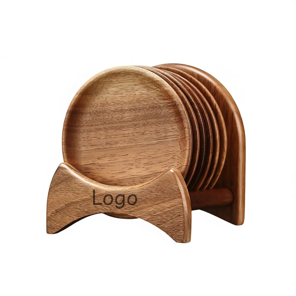 Elegant Walnut Wood Round Coasters Vertical Storage Caddy