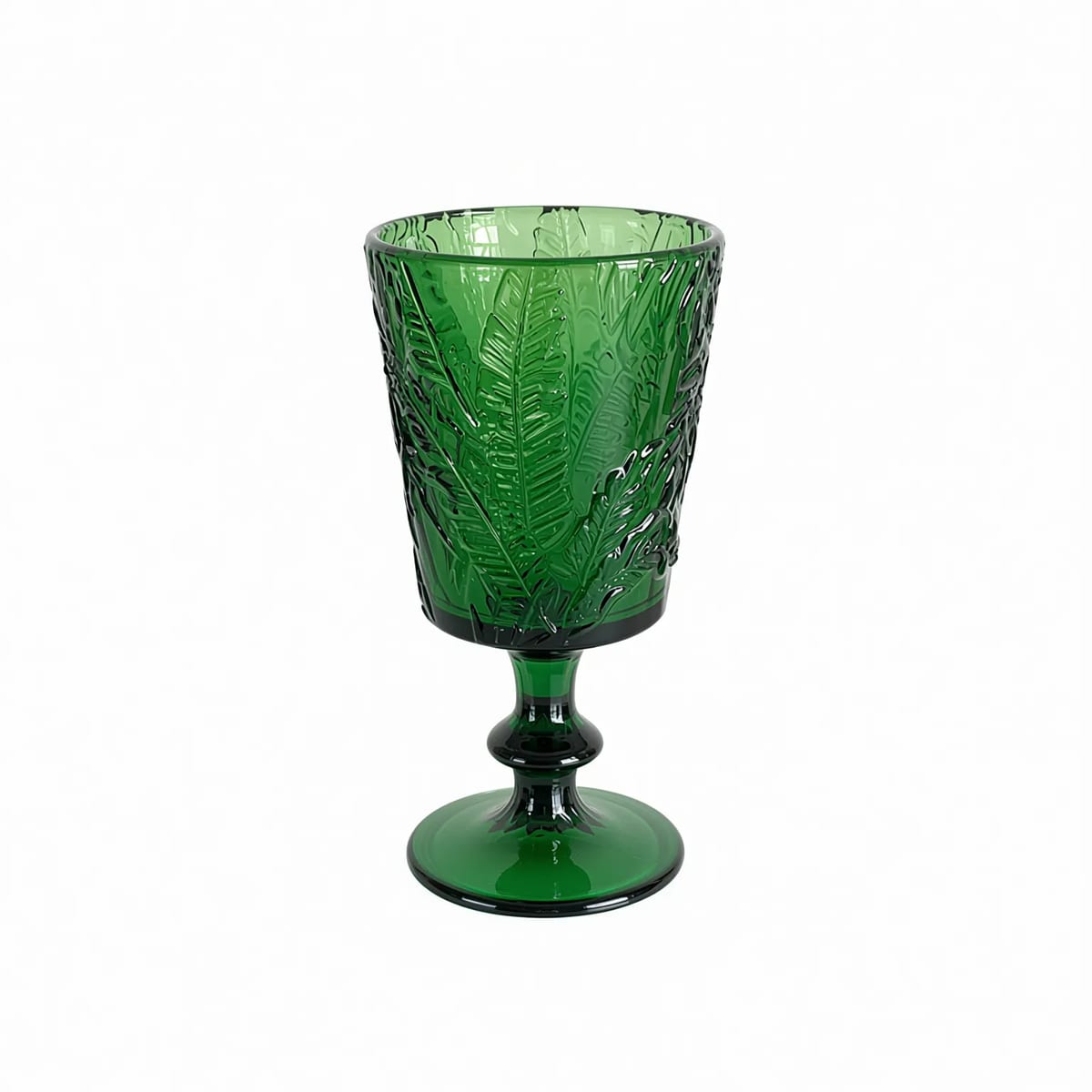 Emerald Green Embossed Leaf 11oz Glass Goblet Wine Stemware