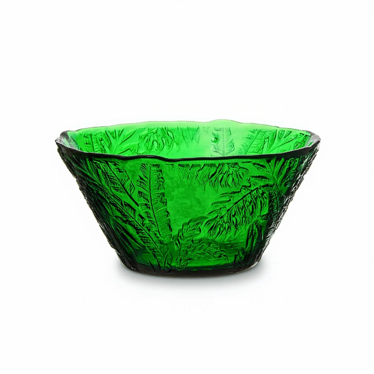 Emerald Green Embossed Leaf Glass Salad Serving Bowl Dish