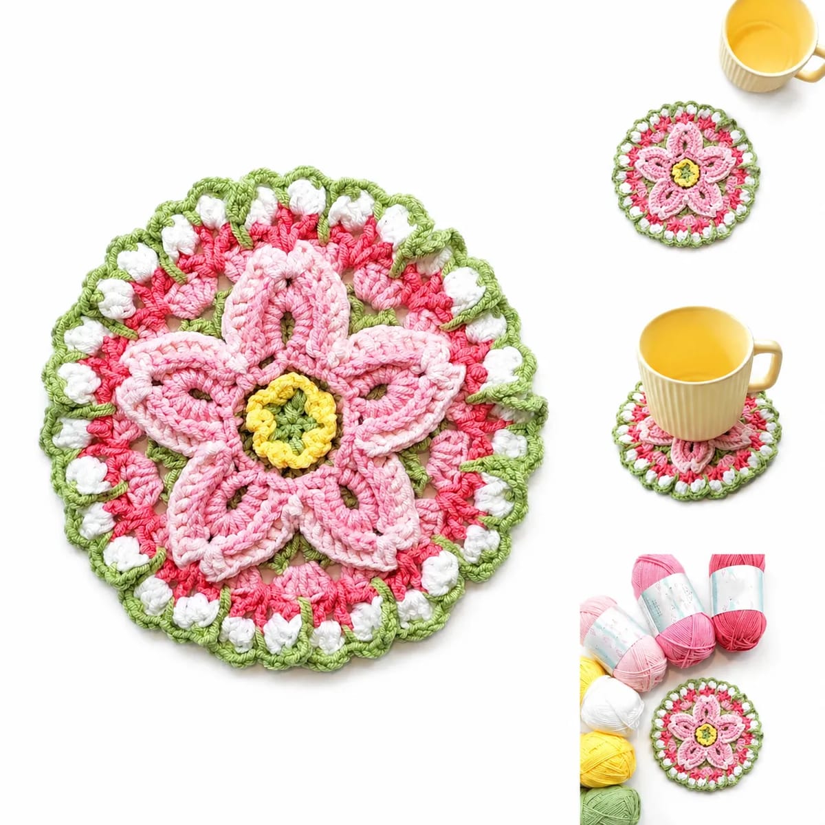 Handmade Crochet Cherry Blossom Coaster 5x5 Inch Mug Mat