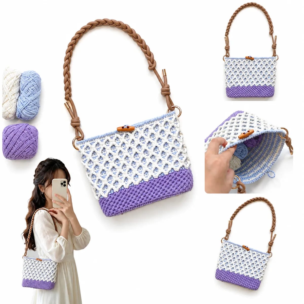 Handmade Crochet Diamond Knit Shoulder Crossbody Tote Purse