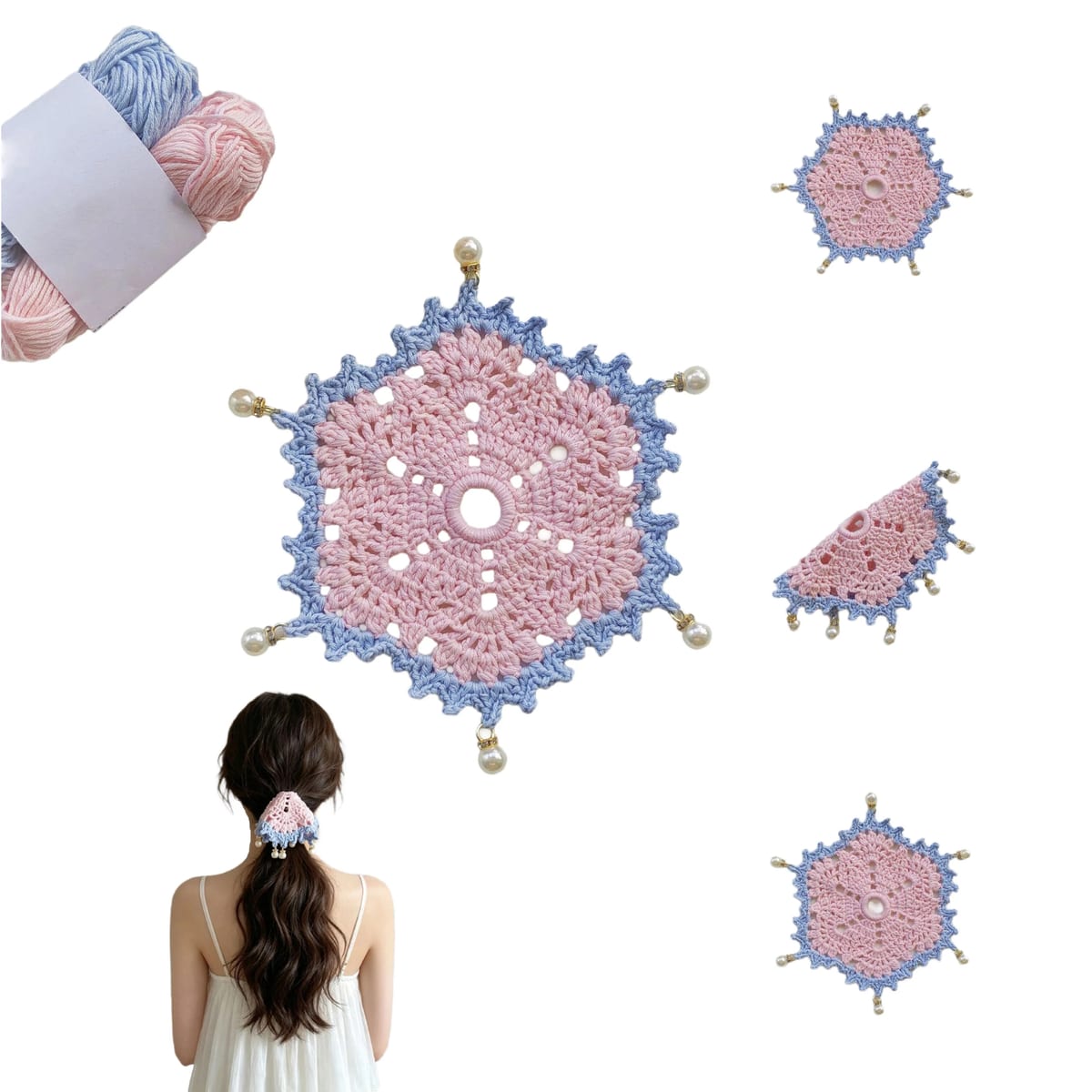 Handmade Crochet Lace Hair Scrunchie Pearl Ponytail Holder