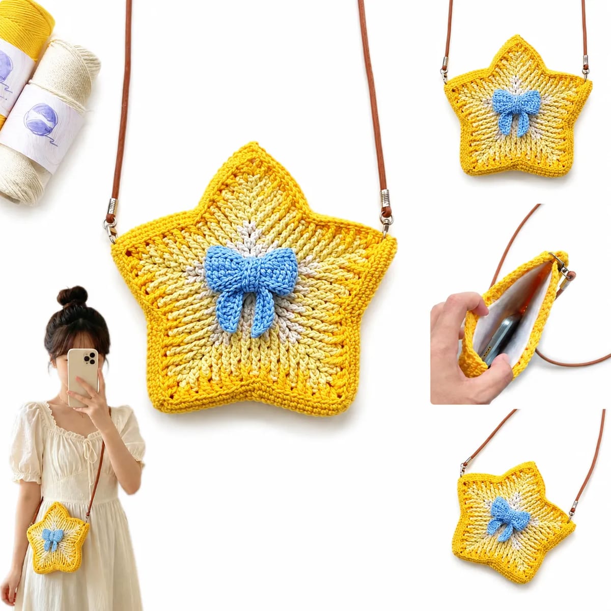 Handmade Crochet Star Crossbody Phone Purse Bow Shoulder Bag