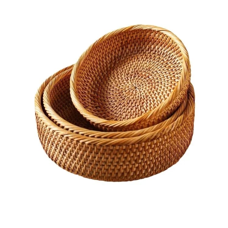 Handwoven Round Rattan Fruit Bread Serving Basket Bowl Set