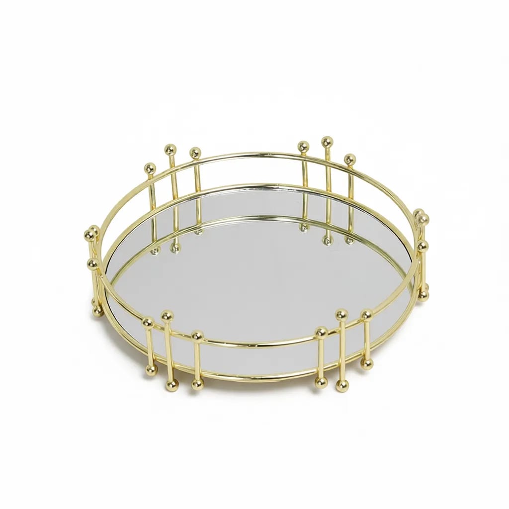 Modern Mirrored Vanity Tray Gold Metal Round Storage Holder