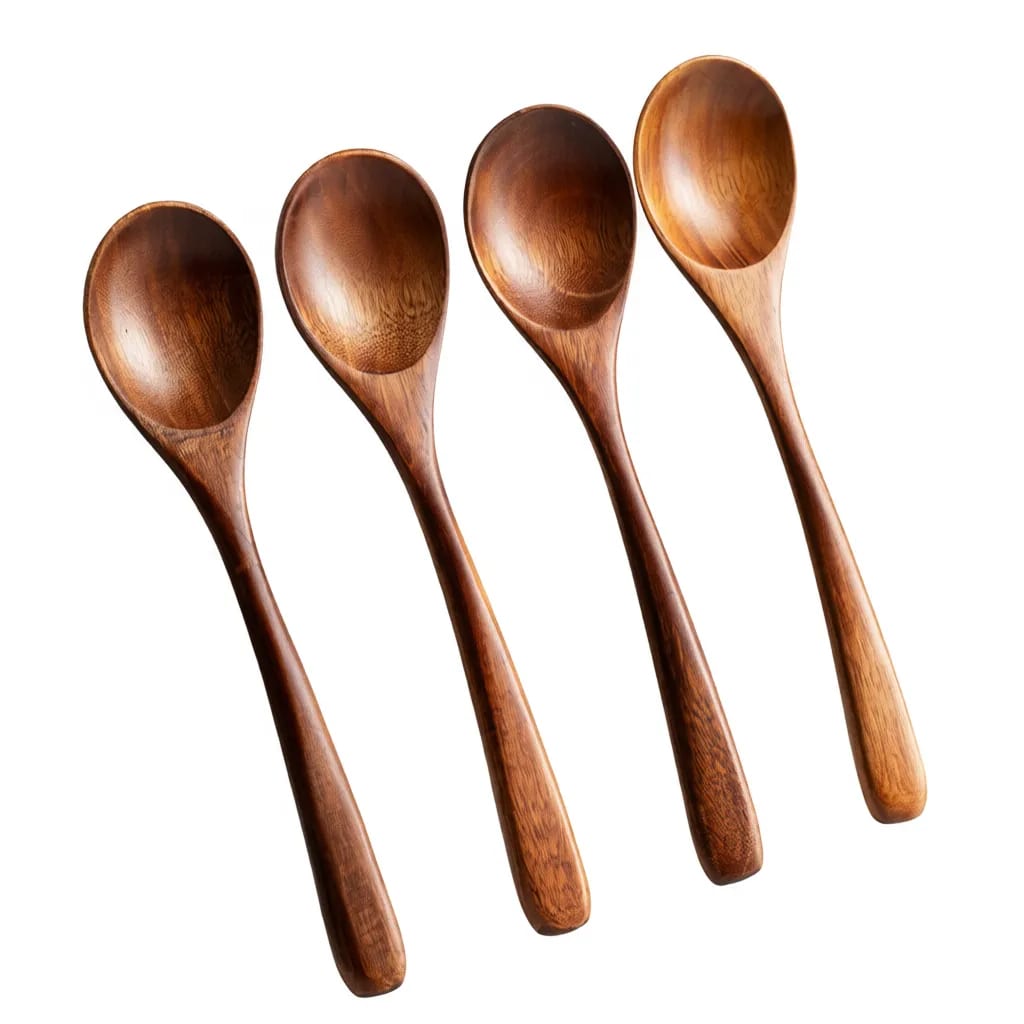 Natural Solid Hardwood Long Handle Deep Bowl Dining Spoon