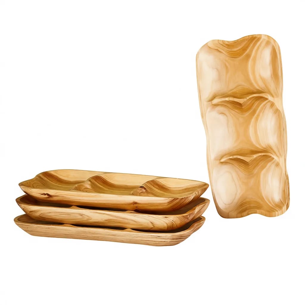 Natural Wood Divided Serving Tray 3-Section Platter 16 Inch