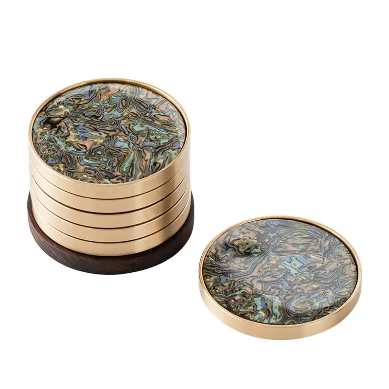 Round Brass Coaster Set Decorative Shell Inlay Wooden Base