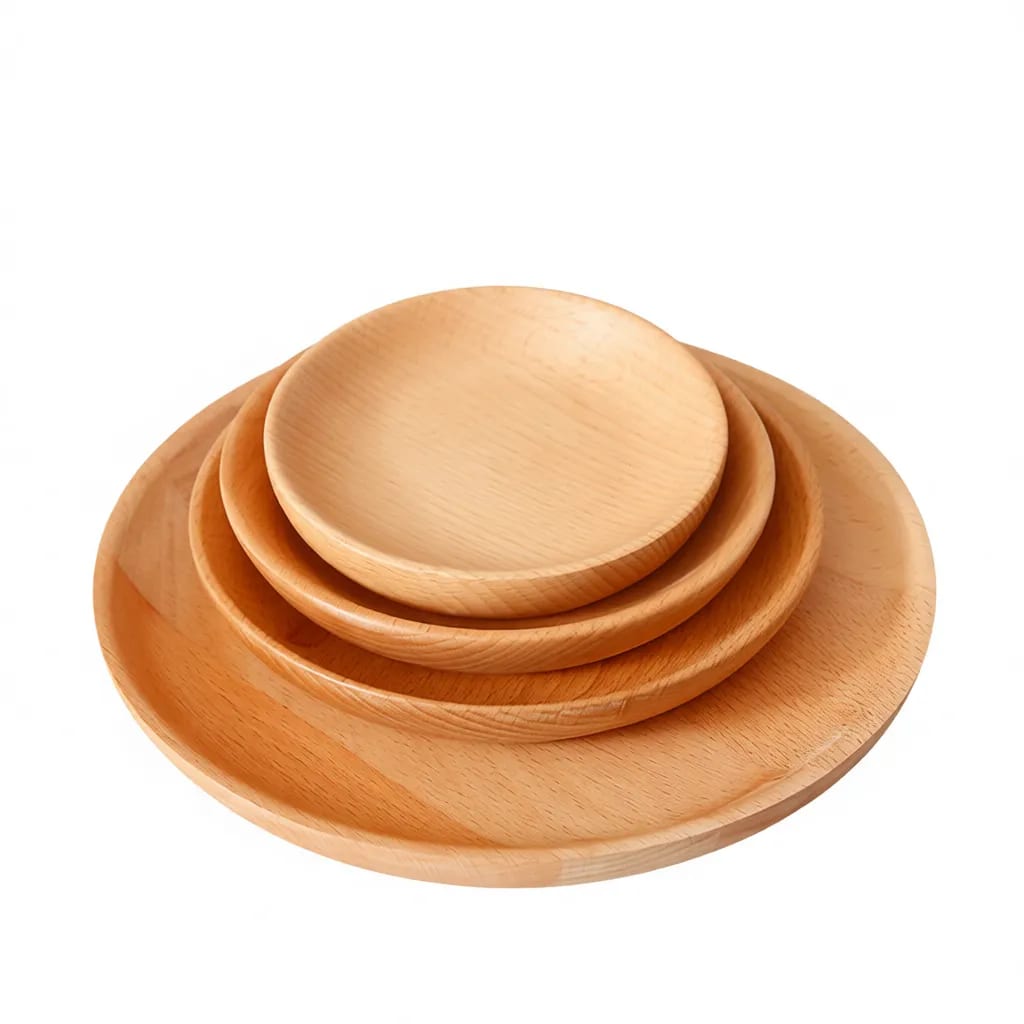 Smooth Natural Beech Wood Round Serving Dinner Plate Dish