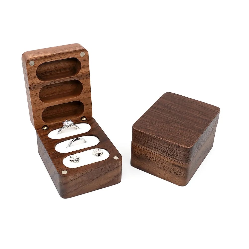 Solid Walnut Wood Triple Slot Ring Jewelry Display Case